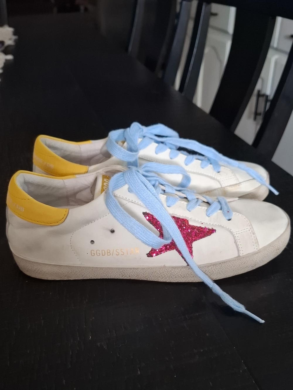 Golden Goose White Sneakers with Pink Glitter Star and Yellow Heel